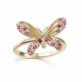 Glamorous Gem Simple Edge Gold Plated Sterling Silver Pink, Clear, and Ruby CZ Butterfly Ring