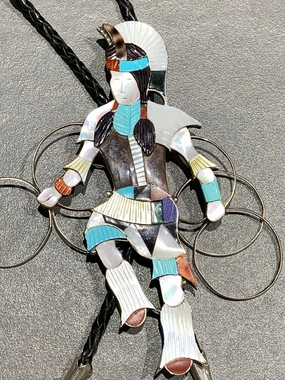 Shimmering Craft Contemporary Detail JONATHAN BEYUKA ZUNI INLAY HOOP DANCER STERLING SILVER BOLO W STAND