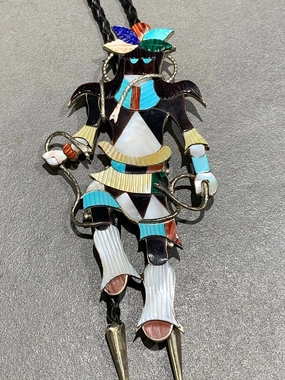 Bold Details JONATHAN BEYUKA ZUNI INLAY SNAKE DANCER STERLING SILVER BOLO W STAND