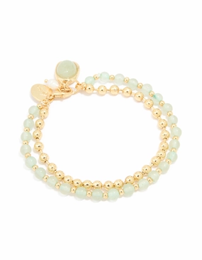 Prominent Detail Gold Plated Green Semi Precious Stone Pearl & Ball Charm Layered Bracelet