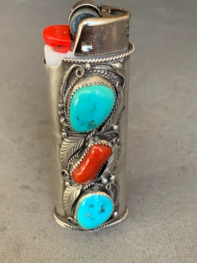 Layered Combo Dainty Spark Justin Morris Navajo Sterling Bic Lighter Holder Turquoise and Coral