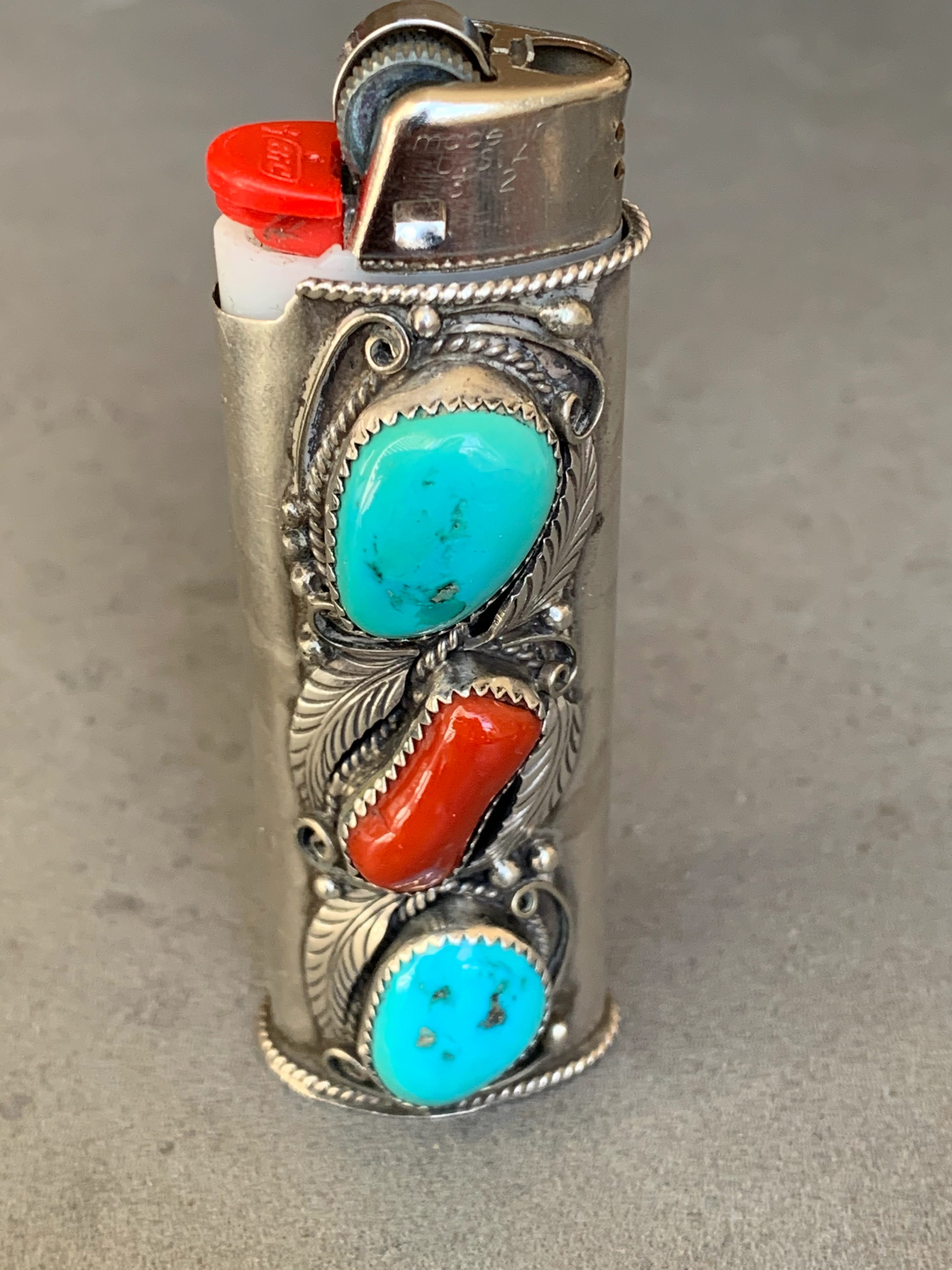 Layered Combo Dainty Spark Justin Morris Navajo Sterling Bic Lighter Holder Turquoise and Coral
