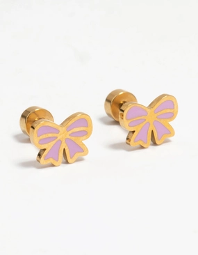 Kids Gold Plated Surgical Steel Bow Flat Back Earrings Stylish Element
