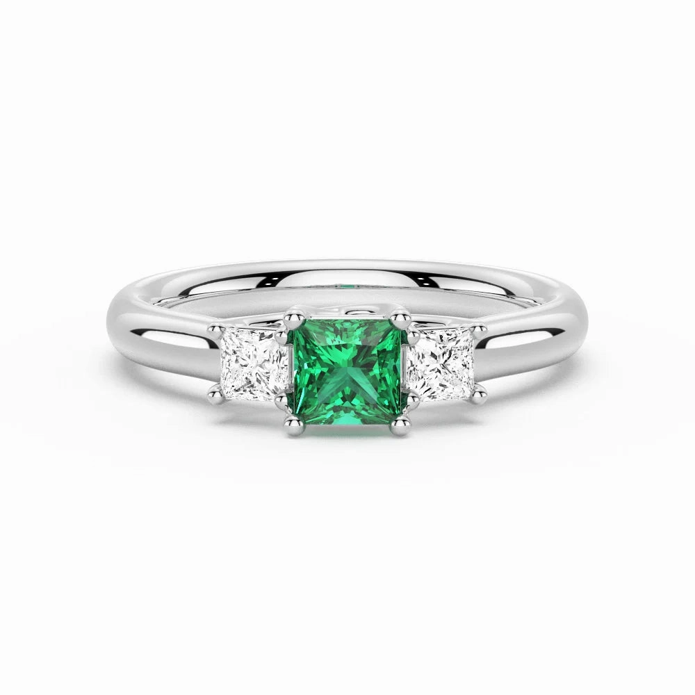 Graceful Form Delicate Craft Lab Grown Emerald and Princess Cut Diamond Three Stone Ring