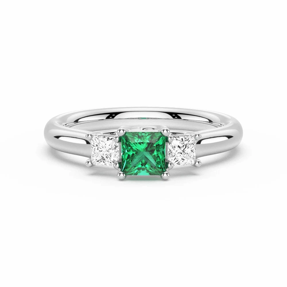 Graceful Appeal Sculpted Edge Lab Grown Emerald and Princess Cut Diamond Three Stone Ring