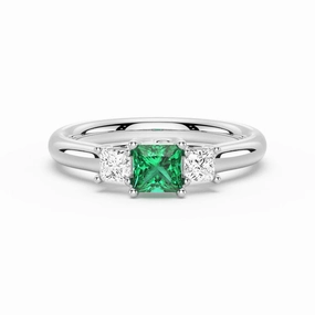 Graceful Form Delicate Craft Lab Grown Emerald and Princess Cut Diamond Three Stone Ring