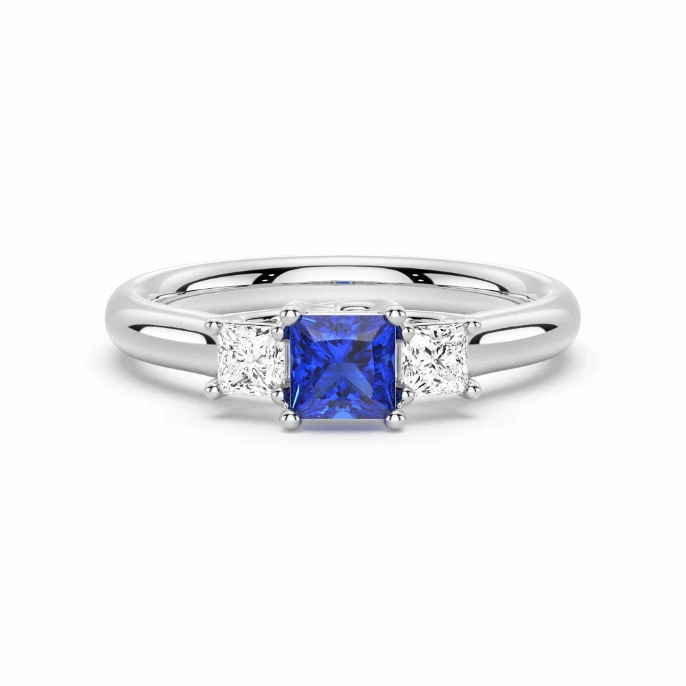 Lab Grown Sapphire and Princess Cut Diamond Three Stone Ring Everyday Design