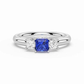 Lab Grown Sapphire and Princess Cut Diamond Three Stone Ring Artful Detail Bold Appeal