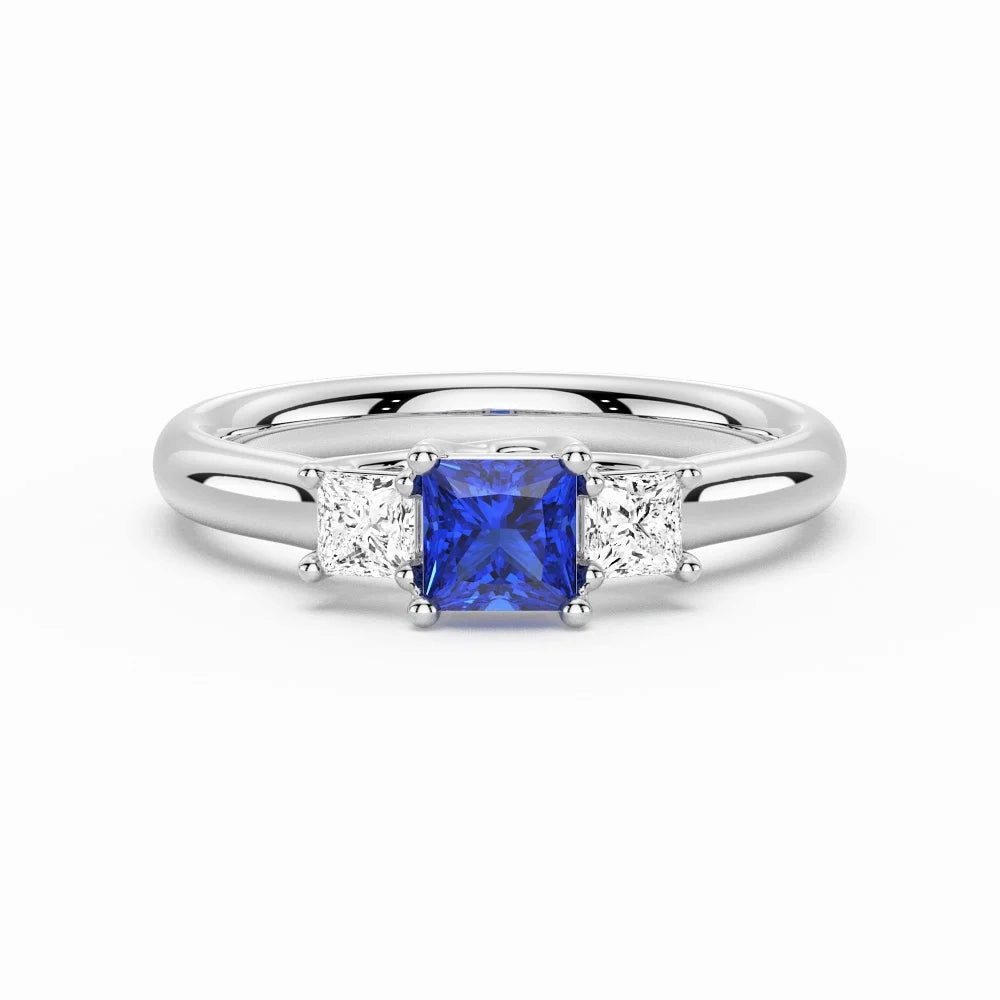 Vibrant Edge Sculpted Edge Lab Grown Sapphire and Princess Cut Diamond Three Stone Ring