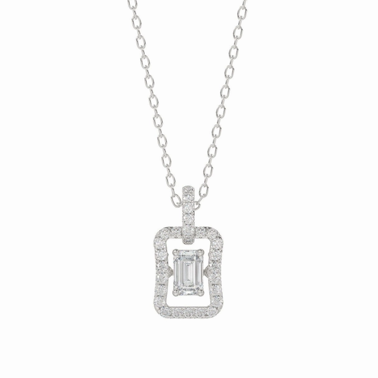 Brunch Look Fresh Detail LADIES DANCING DIAMOND PENDANT WITH CHAIN 3/4CT ROUND/EMERALD DIAMOND 14K WHITE GOLD (CENTER STONE EMERALD DIAMOND 1/2CT)