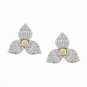 Feminine Accent exquisite design LADIES EARRINGS 0.30CT ROUND/BAGUETTE DIAMOND 14K YELLOW GOLD