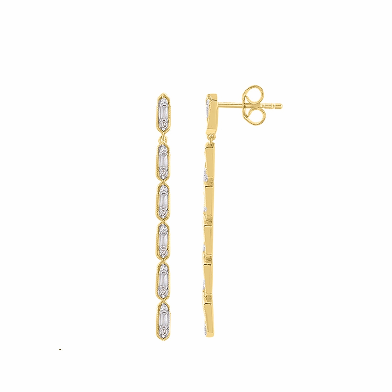 LADIES  EARRINGS 0.33CT ROUND/BAGUETTE DIAMOND 14K YELLOW GOLD (SI QUALITY) Sleek Look Charming Jewelry Shine