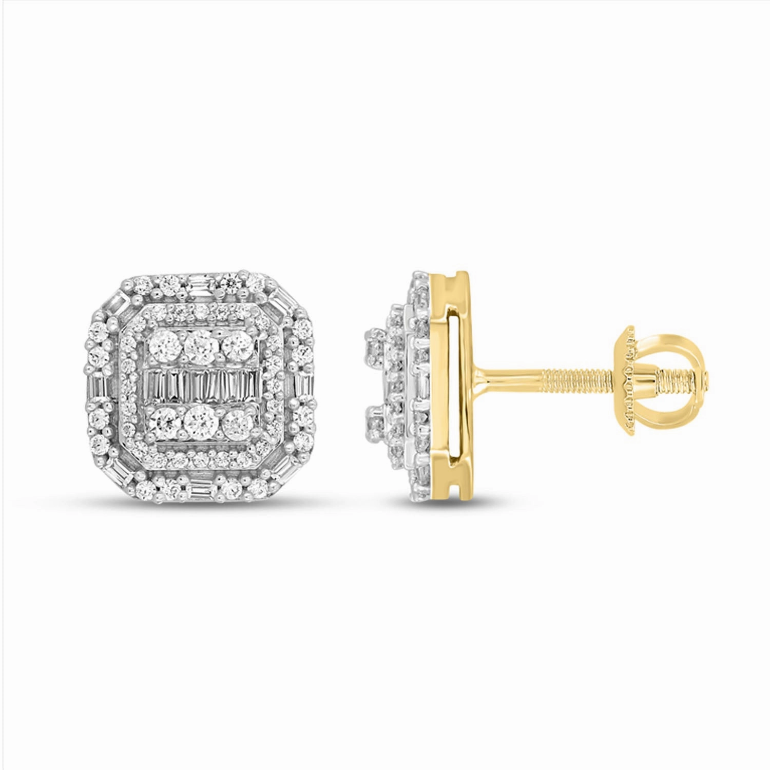 Stylish Sparkle Allure Finish LADIES EARRINGS 0.50CT ROUND/BAGUETTE DIAMOND 10K YELLOW GOLD