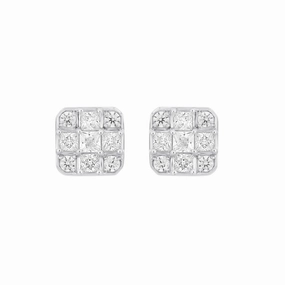 Modern Twist LADIES EARRINGS 1CT ROUND/PRINCESS DIAMOND 14K WHITE GOLD