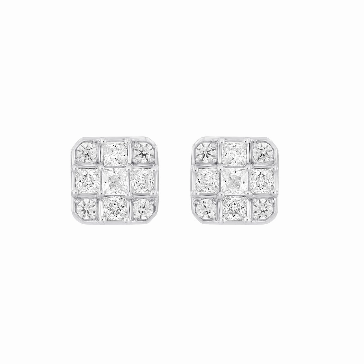 Modern Twist LADIES EARRINGS 1CT ROUND/PRINCESS DIAMOND 14K WHITE GOLD