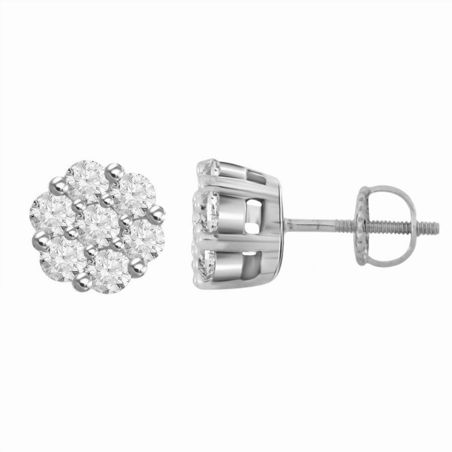 LADIES FLOWER EARRING 1.00CT ROUND DIAMOND 14K WHITE GOLD Elegant Shape