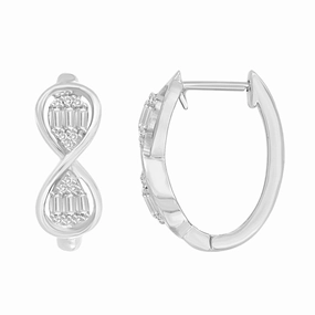 Handcrafted Finish Radiant Form LADIES HOOP EARRINGS 0.25CT ROUND/BAGUETTE DIAMOND 10K WHITE GOLD