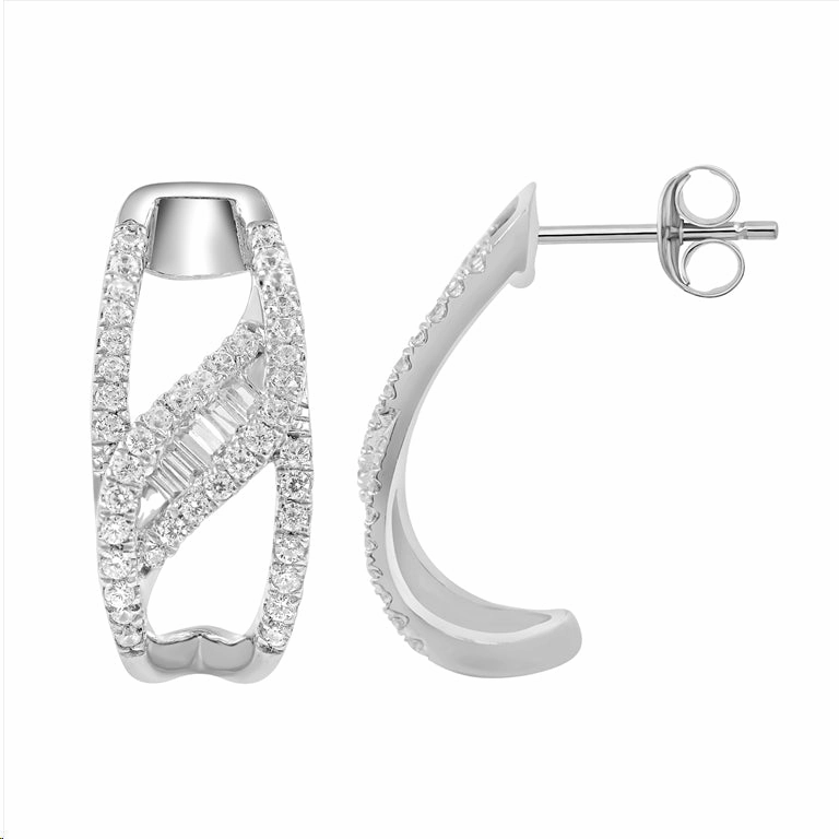 Polished Stones LADIES HOOPS EARRING 0.33CT ROUND/BAGUETTE DIAMOND 14K WHITE GOLD