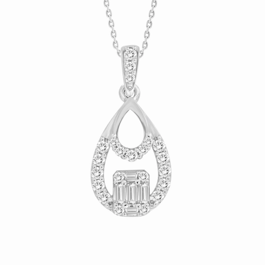 Artisan Sparkle Eye-catching Design LADIES  PENDANT WITH CHAIN 0.25CT ROUND/BAGUETTE DIAMOND 10K WHITE GOLD