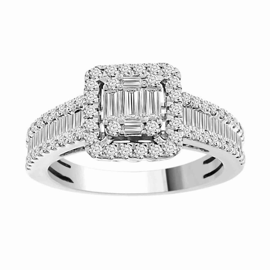 LADIES RING 1.00CT ROUND/BAGUETTE DIAMOND 14K WHITE GOLD Sculpted Shape Fashion Pairing