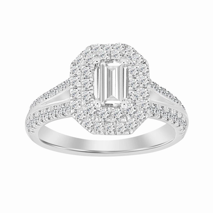LADIES RING 1.50CT ROUND DIAMOND 14K WHITE GOLD (SI QUALITY) (CENTER STONE 0.75CT EMERALD DIAMOND) Opulent Design
