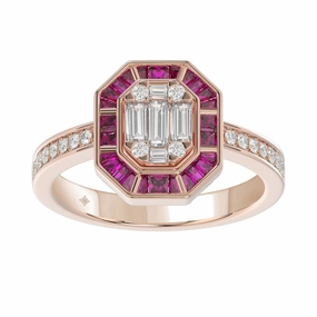 LADIES RING 3/4CT ROUND/BAGUETTE/PRINCESS TRAPEZOID RUBY DIAMOND 14K ROSE GOLD Personalized Gift
