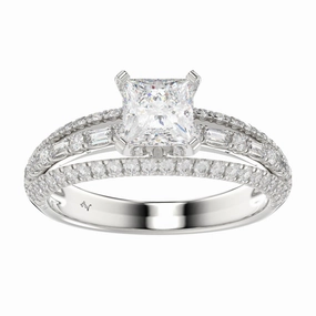 LADIES SEMI MOUNT RING 0.50CT ROUND/PRINCESS/BAGUETTE DIAMOND 14K WHITE GOLD (SI QUALITY) (CENTER STONE 1.00CT PRINCESS DIAMOND) Special Style