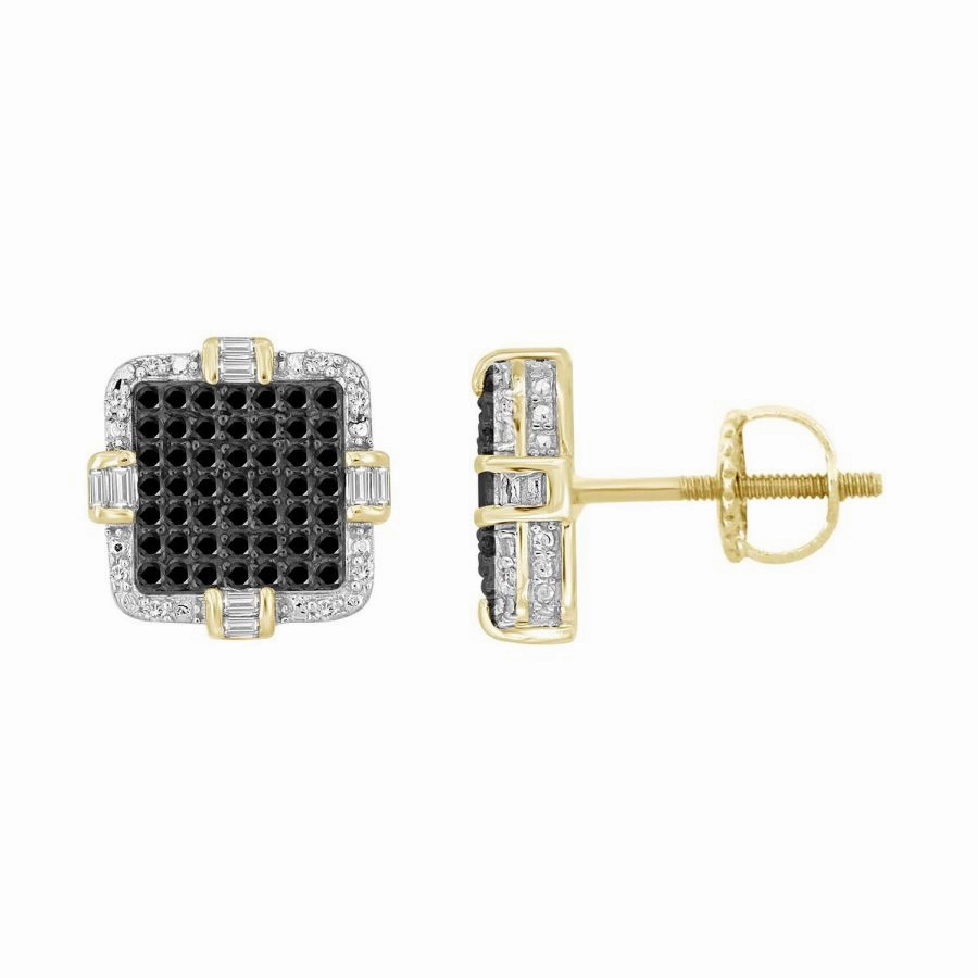 LADIES STUD EARRINGS 0.25CT ROUND/BAGUETTE DIAMOND 10K YELLOW GOLD Distinctive Shine