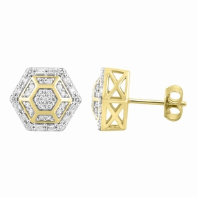 Fashion Pairing LADIES STUD EARRINGS 0.50CT ROUND/BAGUETTE DIAMOND 10K YELLOW GOLD