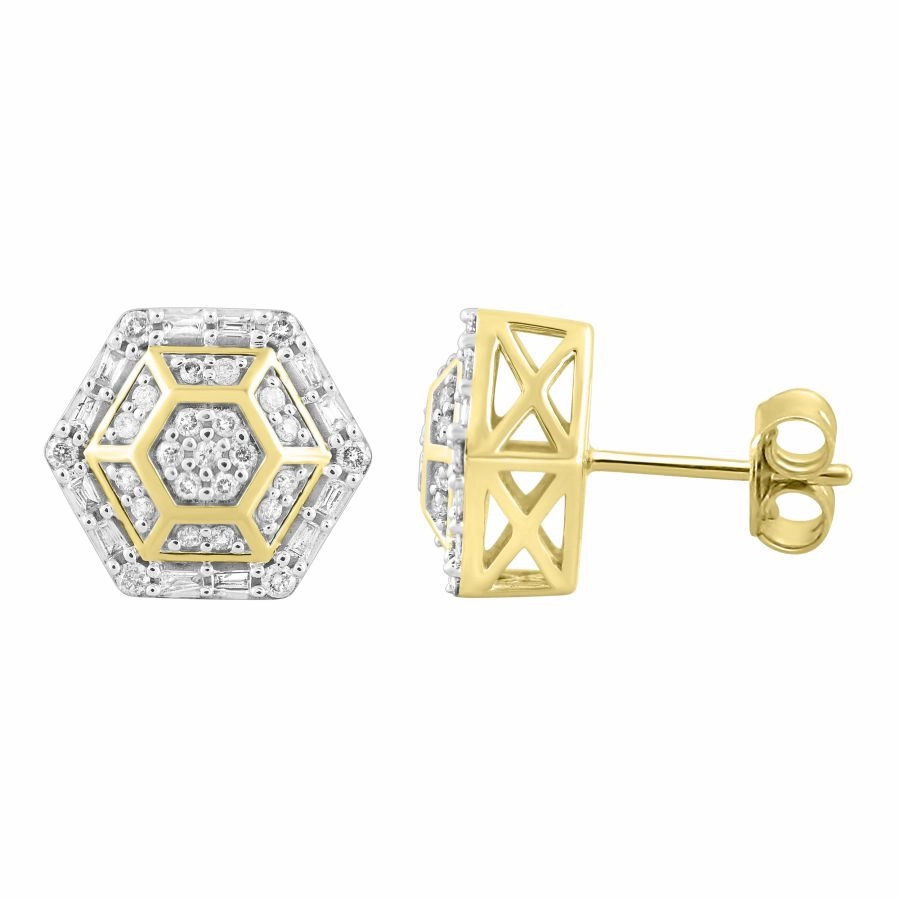 Fashion Pairing LADIES STUD EARRINGS 0.50CT ROUND/BAGUETTE DIAMOND 10K YELLOW GOLD