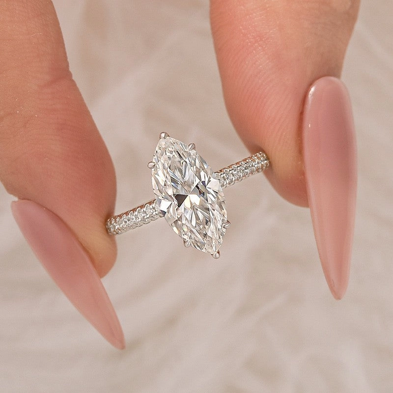 Moissanite 3.0Ct Marquise Cut Classic Engagement Ring In Sterling Silver Subtle Detail Organic form