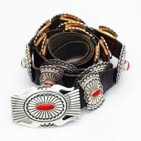 Night Out Look Leonard Nez Navajo Handmade Sterling Silver Mediterranean Coral Concho Belt