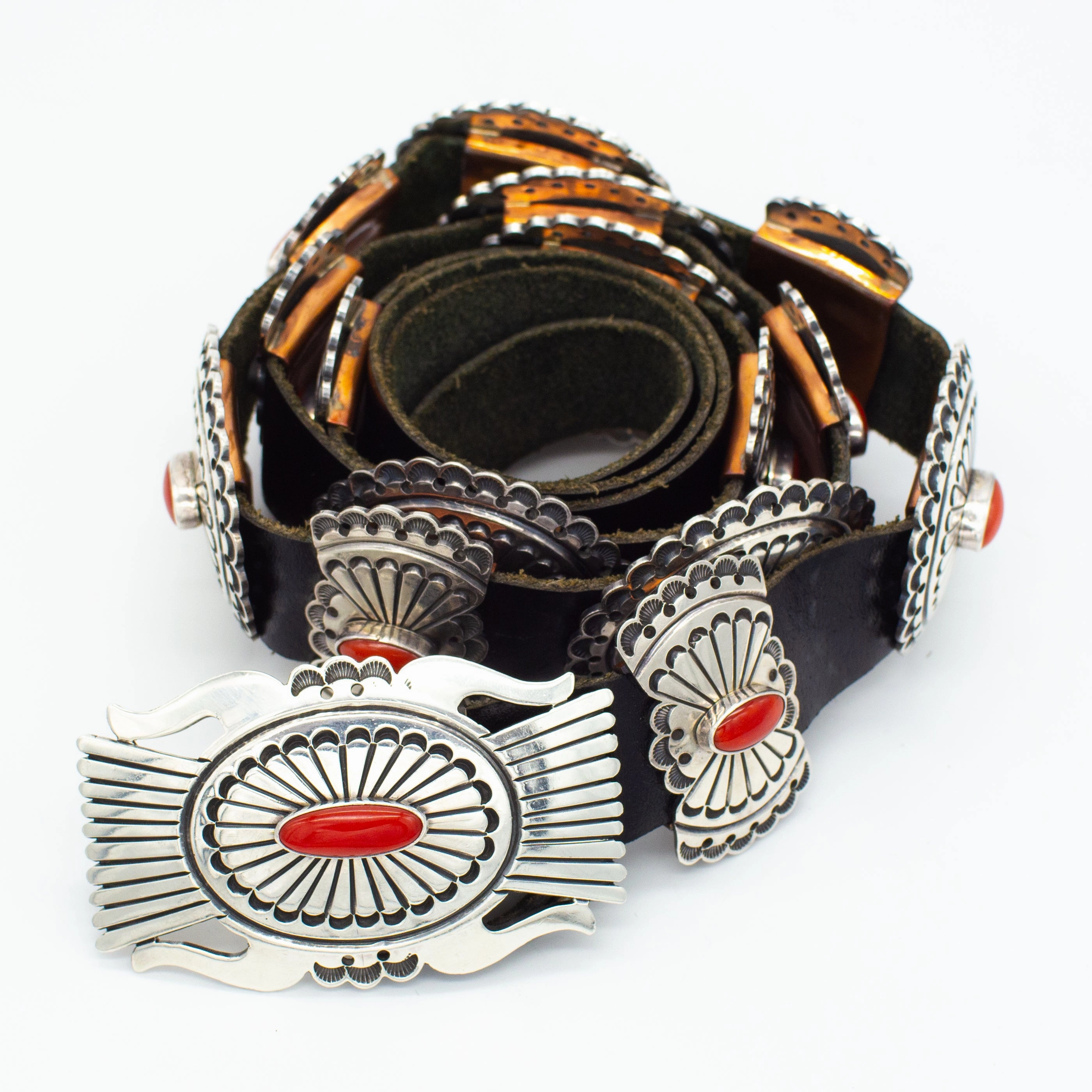 Night Out Look Leonard Nez Navajo Handmade Sterling Silver Mediterranean Coral Concho Belt
