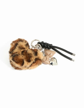Leopard Print Fluffy Heart & PU Leather Bow Key Chain Artisan Crafted Bridal Accent