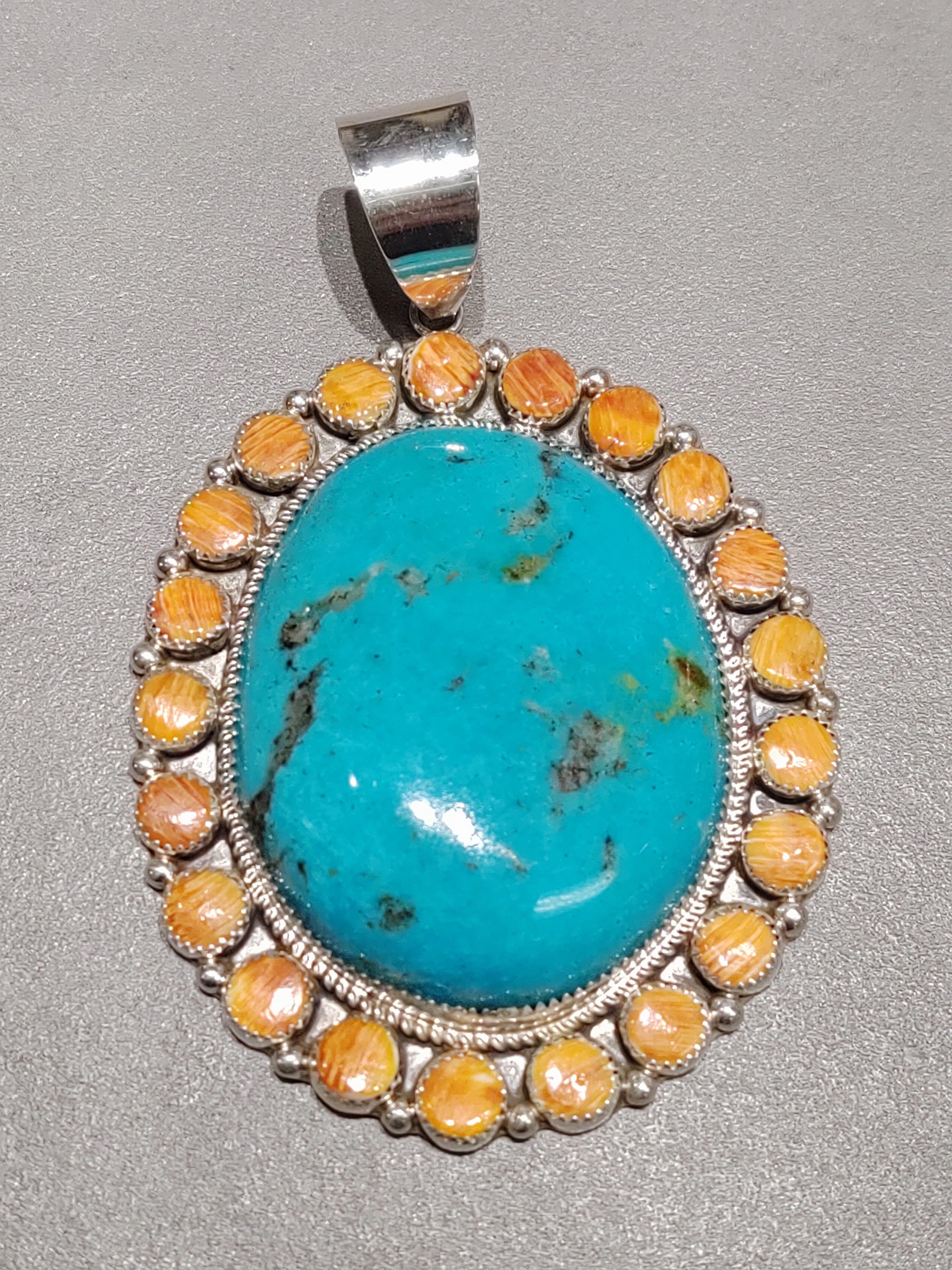 Minimal Finish Leslie Nez Navajo  Spiny Oyster Turquoise Sterling Silver  Pendant - Handmade Native American