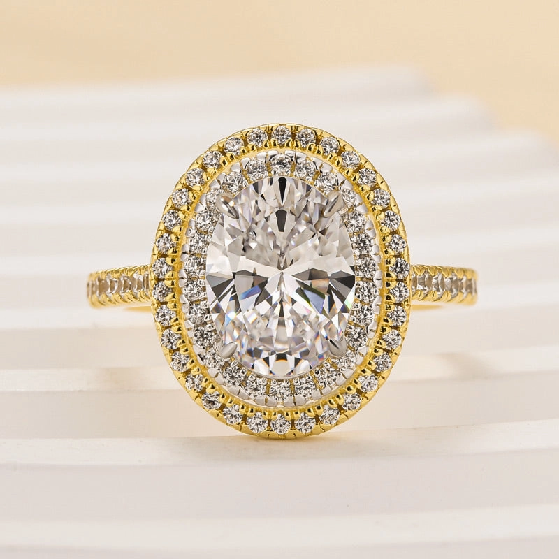 Custom Craft Eternal Expression Louily Beautiful Double Halo Oval Cut Yellow Gold Engagement Ring