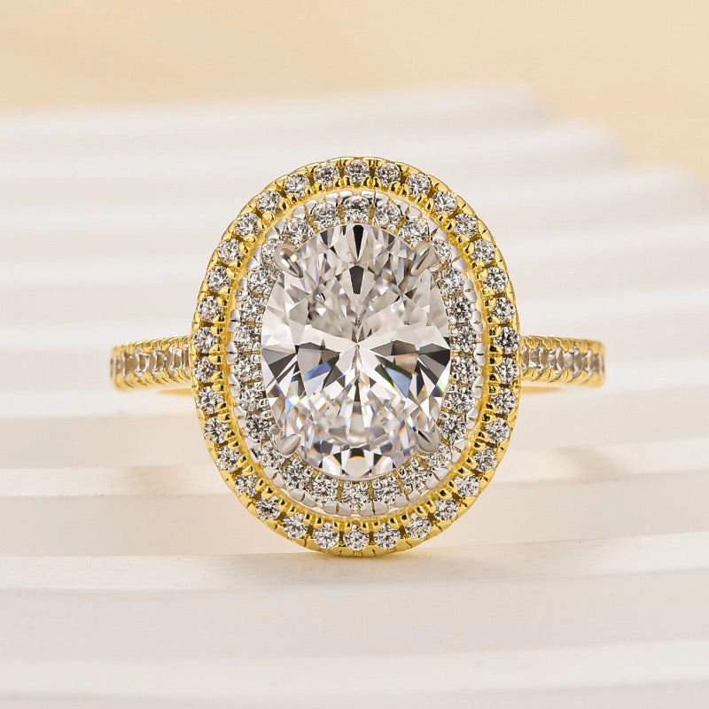 Octagonal Look Louily Beautiful Double Halo Oval Cut Yellow Gold Engagement Ring