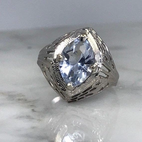 Vintage Aquamarine Ring in 10k White Gold Filigree Setting. March Birthstone. 19th Anniversary. Handcrafted Touch Winter Accent