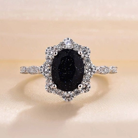 Numbered Edition Louily Vintage Halo Oval Cut Black Sandstone Engagement Ring