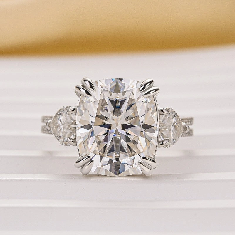 Gentle Flow Moissanite 6.0Ct Cushion Cut Three Stone Engagement Ring In Sterling Silver