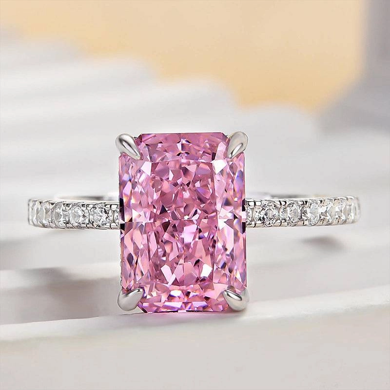 Louily 3.3 Carat Simulated Diamond Pink Stone Radiant Cut Engagement Ring In Sterling Silver Creative Decoration Special Appearance