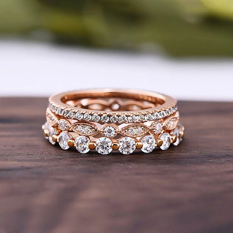 Louily Art Deco 3-Pieces Stackable Wedding Band Set In Sterling Silver Clean Spark