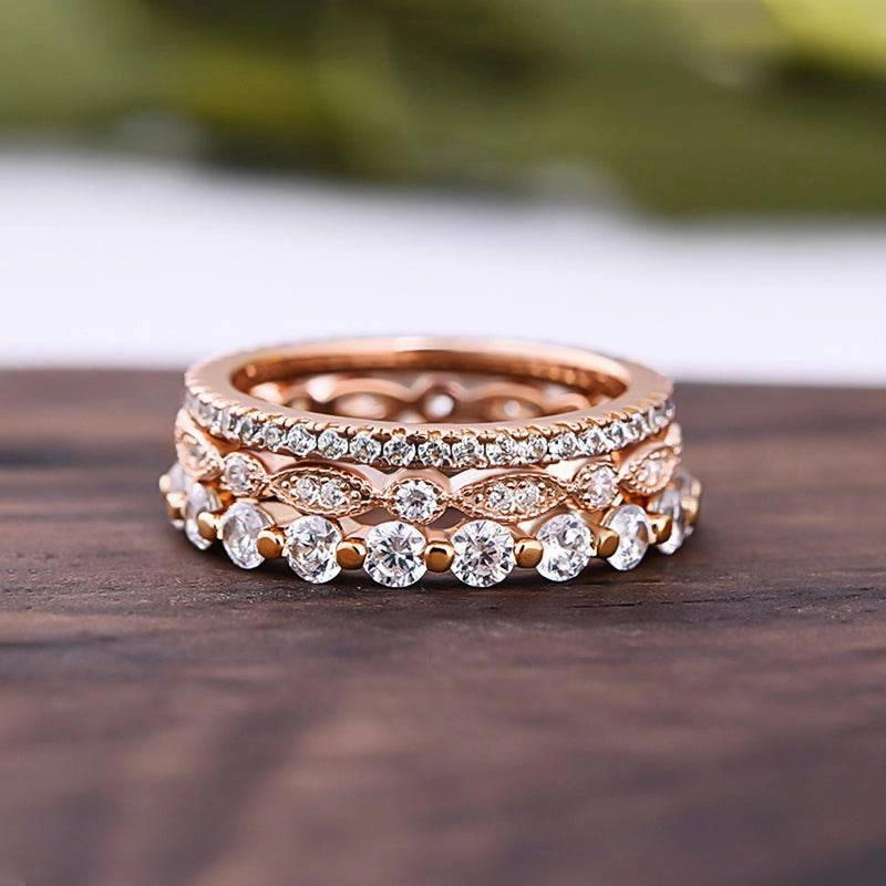 Custom Accessory Ornate Style Louily Art Deco 3-Pieces Stackable Wedding Band Set In Sterling Silver