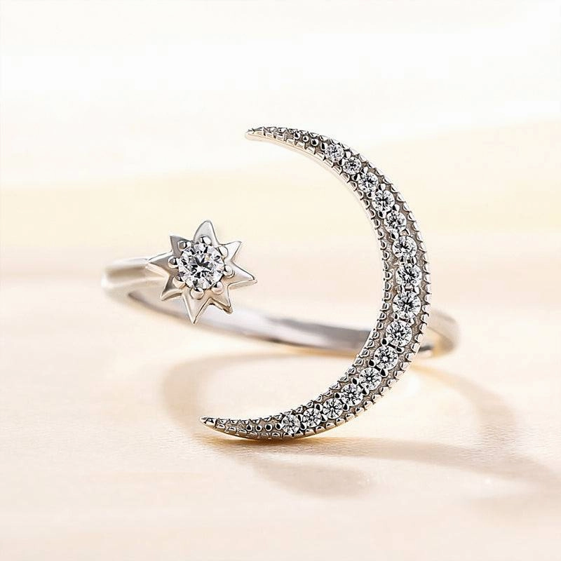 Louily Crescent Moon & Star Adjustable Open Ring In Sterling Silver Eternal Embellishment