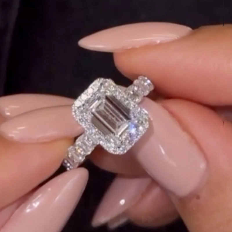 Classic Adornment Louily Dainty 2.5Ct Halo Emerald Cut Engagement Ring For Women