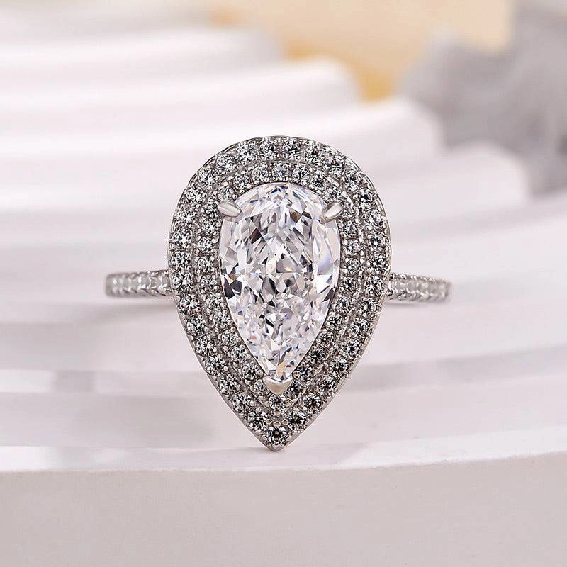 Flirty Accent Louily Double Halo Pear Cut Engagement Ring In Sterling Silver