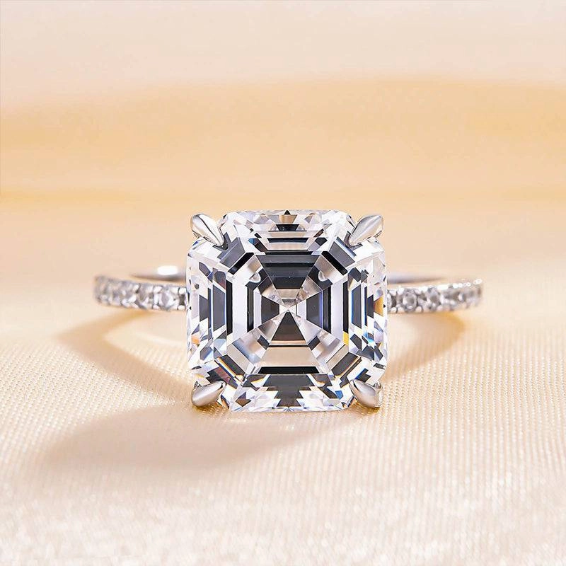 Date night Simple Accent Louily Elegant Asscher Cut Women's Engagement Ring In Sterling Silver