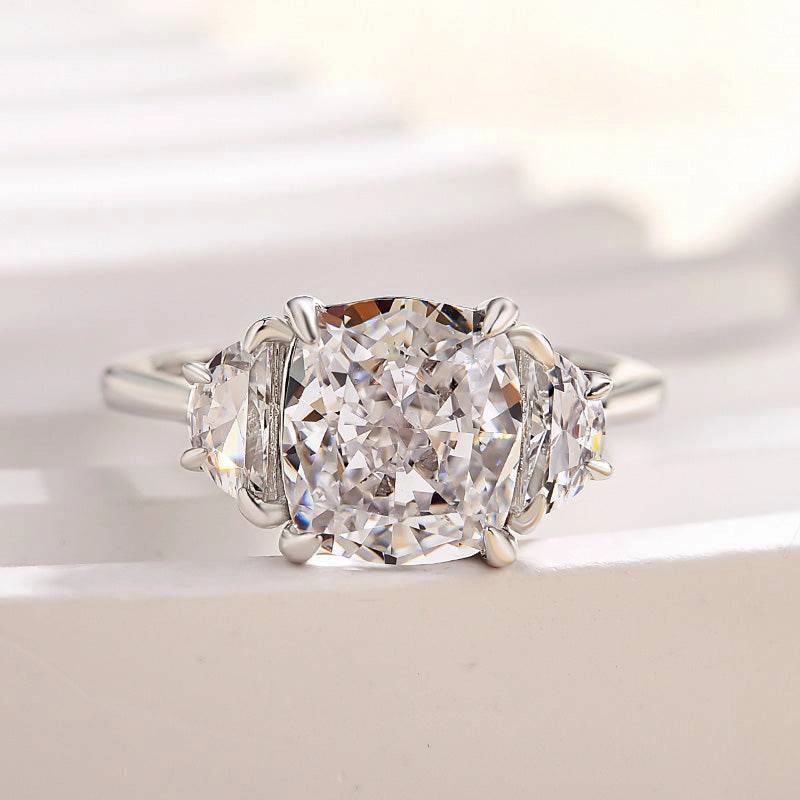 Louily Elegant Cushion Cut Three Stone Engagement Ring In Sterling Silver Glittery Accent