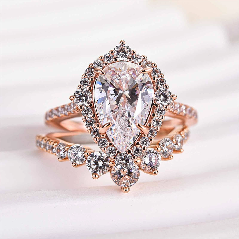 Louily Elegant Rose Gold 2.2 Carat Halo Pear Cut Bridal Ring Set In Sterling Silver Minimal Form