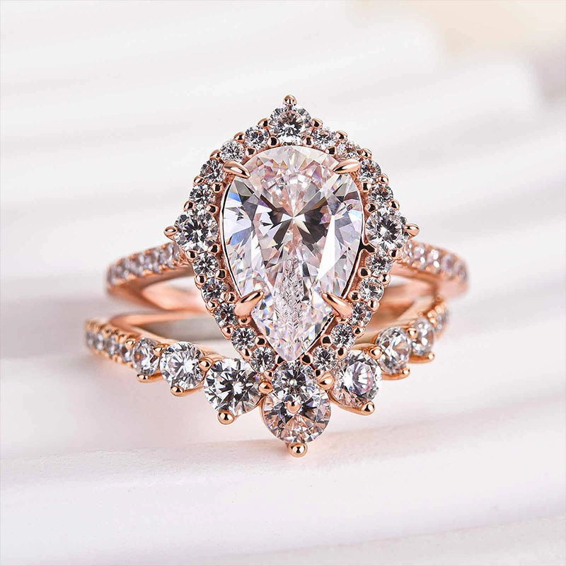 Branded Expression Louily Elegant Rose Gold 2.2 Carat Halo Pear Cut Bridal Ring Set In Sterling Silver